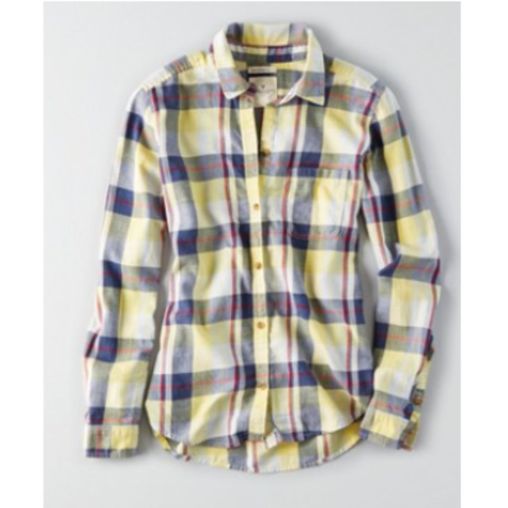 American Eagle | Blue Yellow & Red Button Down Flannel